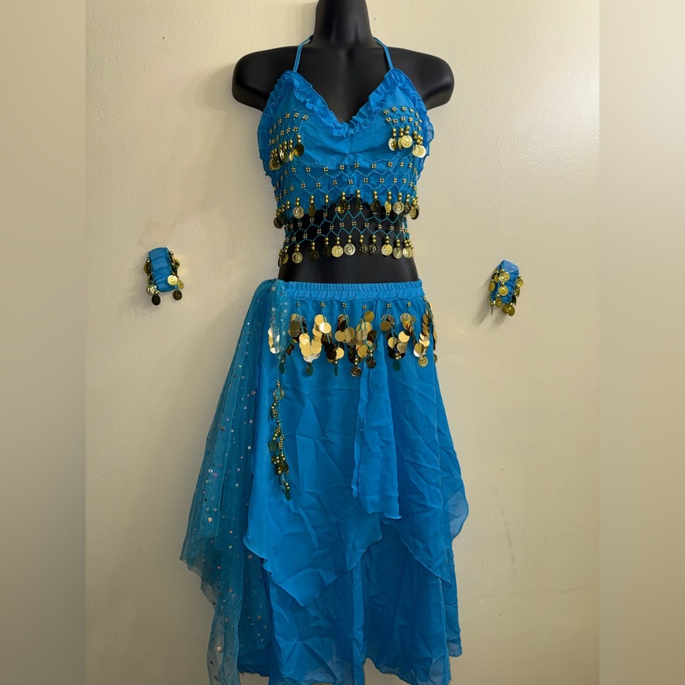 Girls Belly Dance Costume Youth 10-12 Turquoise‎ Coin Bra Skirt Set Cabaret